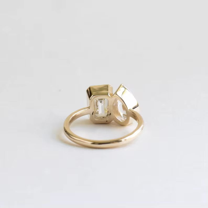 Two-Stone Pear & Emerald-Cut Bezel Set Engagement Ring