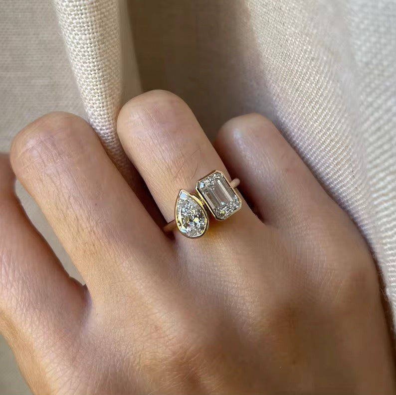 Two-Stone Pear & Emerald-Cut Bezel Set Engagement Ring