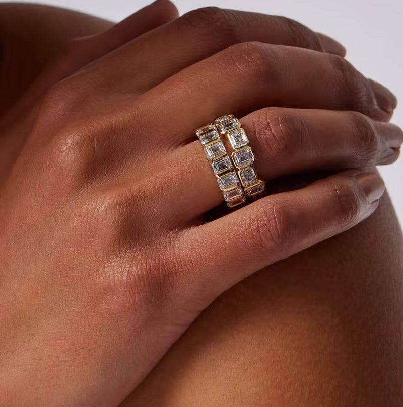 Fancy Bezel Set Alternating Emerald-Cut Eternity Band