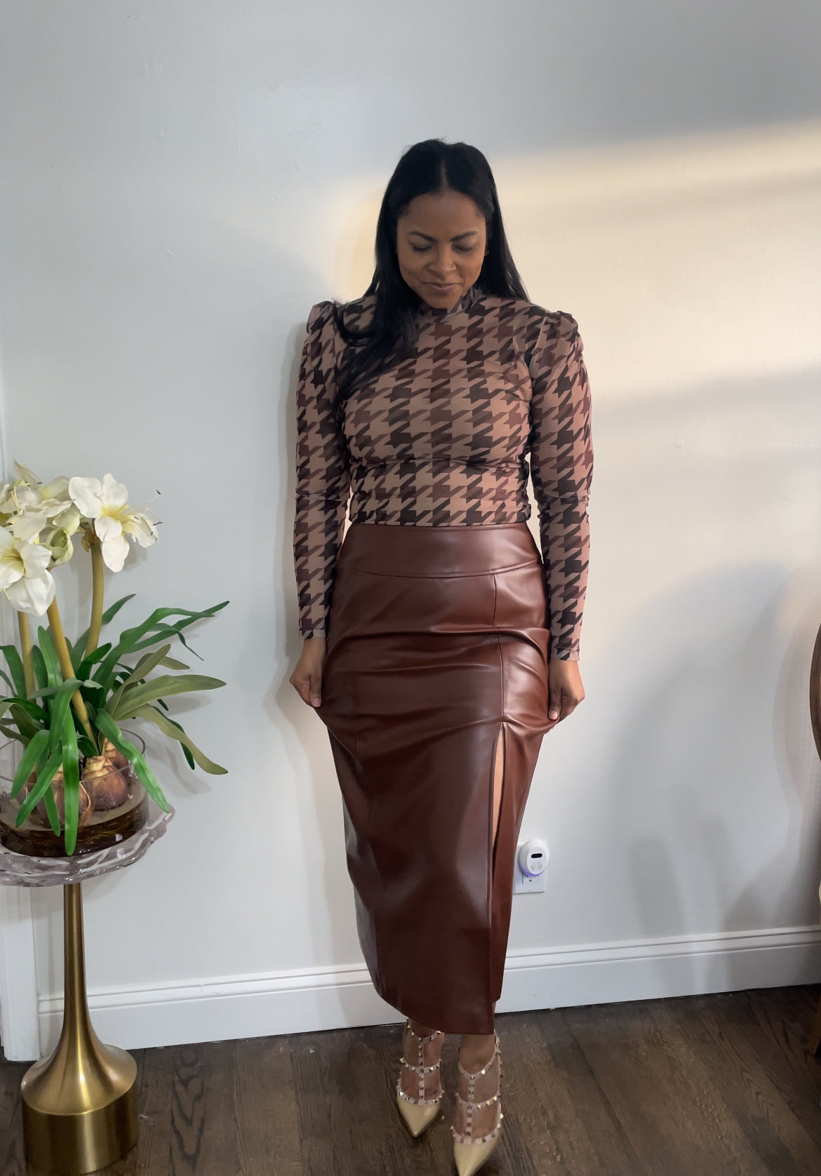 Penelope High Slit Leather Skirt