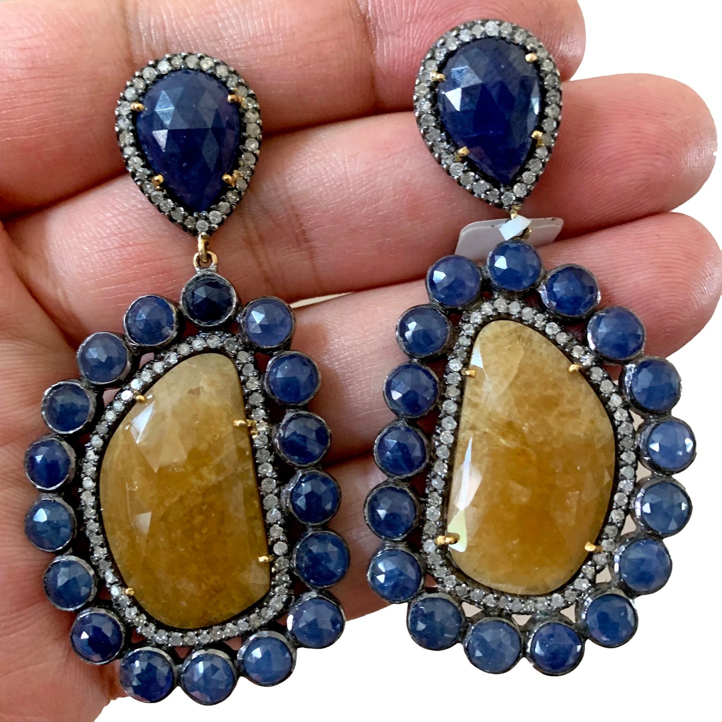 Blue & Yellow Sapphire Diamond Earrings