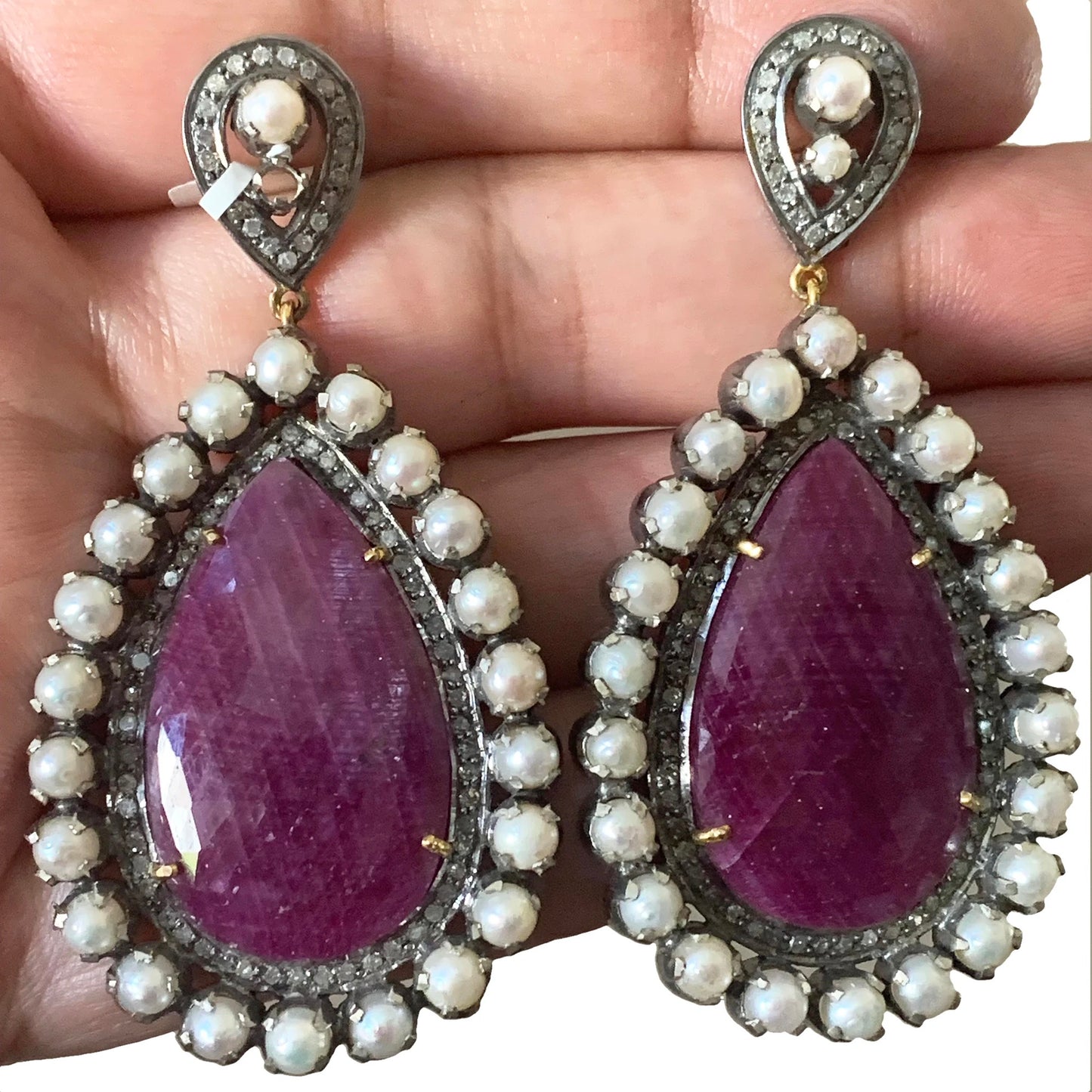 Ruby & Pearl Diamond Drop Earrings