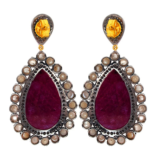 Ruby & Pearl Diamond Drop Earrings