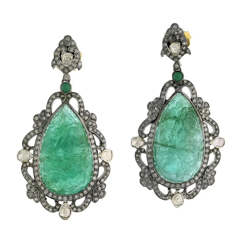 Emerald Motif Pave Diamond Earrings